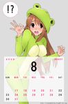  1girl 2009 animal_costume asahina_mikuru august bad_id bad_pixiv_id breasts brown_eyes brown_hair calendar_(medium) costume counting covered_nipples endless_eight frog frog_costume hands highres impossible_clothes impossible_shirt kari_(kakko_k) large_breasts long_hair shirt solo suzumiya_haruhi_no_yuuutsu tears 