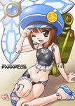  ;d arm_support bare_shoulders brown_hair busou_shinki collar doll_joints fang garters hand_on_headwear hat highres mercy_rabbit navel one_eye_closed open_mouth original red_eyes sandals short_hair smile solo swimsuit 