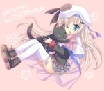  ;d bad_id bad_pixiv_id bat_hair_ornament beret blue_eyes blush blush_stickers boots bow cape capelet character_name dog eyebrows_visible_through_hair fang hair_ornament hat hoshimame_mana light_brown_hair little_busters! long_hair noumi_kudryavka one_eye_closed open_mouth pink_background pink_bow plaid plaid_skirt pleated_skirt polka_dot polka_dot_background ribbon-trimmed_legwear ribbon_trim school_uniform skirt smile solo thighhighs white_legwear 