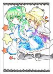  ballpoint_pen_(medium) blonde_hair green_hair hat kochiya_sanae moriya_suwako multiple_girls n-mix thighhighs touhou traditional_media watercolor_pencil_(medium) 