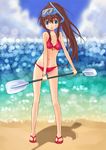  beach bikini blue_eyes brown_hair cockatiel_(artist) day diving_mask long_hair oar original outdoors sandals snorkel solo swimsuit 