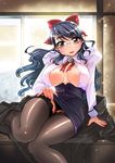  black_hair blush breasts cleavage copyright_request glasses large_breasts raymon solo thighhighs yellow_eyes 