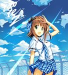  amami_haruka brown_hair cloud day green_eyes idolmaster idolmaster_(classic) rough_time_school sentetsu sky solo 