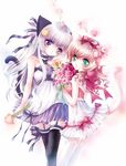  animal_ears bow cat_ears choker dress e~ji flower frills garter_belt green_eyes multiple_girls original petals pink_hair purple_eyes purple_hair tail thighhighs zettai_ryouiki 