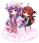  :&lt; ahoge bat_wings black_legwear blush bow capelet chibi dress frilled_dress frills hair_ribbon hat head_wings koakuma long_hair magic_circle mob_cap multiple_girls necktie open_mouth pantyhose patchouli_knowledge pink_bow purple_eyes purple_hair red_eyes red_hair ribbon shiratama_(mofutto) shoes simple_background striped striped_dress touhou vertical_stripes white_background wings 