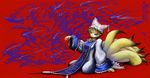  aouji blonde_hair blue_eyes fox_tail hat highres long_sleeves multiple_tails open_mouth pillow_hat red_background short_hair sitting solo tail tassel touhou wide_sleeves yakumo_ran 