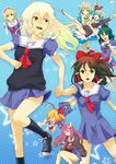  :d alice_margatroid alternate_costume bad_id bad_pixiv_id black_hair blonde_hair flandre_scarlet flying hair_tubes hakurei_reimu holding holding_hands izayoi_sakuya kirisame_marisa long_hair looking_back marker0409 multiple_girls neckerchief open_mouth patchouli_knowledge remilia_scarlet running school_uniform shameimaru_aya smile touhou 