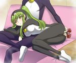  1girl ass bad_id bad_pixiv_id blush bodysuit breasts c.c. code_geass cosplay covered_nipples doraemon hato_niku lelouch_lamperouge long_hair medium_breasts parody ponytail sexually_suggestive skin_tight spandex tail yellow_eyes 