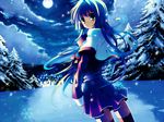  bad_id bad_pixiv_id blue_hair cloud green_eyes kanon looking_back minase_nayuki moon night pine_tree rugo school_uniform snow solo thighhighs tree 