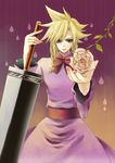  aqua_eyes bad_id bad_pixiv_id blonde_hair braid buster_sword cloud_strife crossdressing dress final_fantasy final_fantasy_vii flower highres kainesato long_hair male_focus nail_art nail_polish pink_nails purple_dress rose solo sword twin_braids weapon 