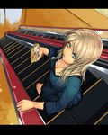  blue_eyes breasts cleavage crepe dress escalator food food_on_face from_above large_breasts long_hair mustard_seeds original solo yuuji_(and) 