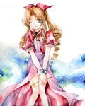  aerith_gainsborough blonde_hair blue_eyes bow choker cropped_jacket dress drill_hair final_fantasy final_fantasy_vii flower fragran0live green_eyes long_dress long_hair multicolored multicolored_eyes one_eye_closed pink_bow pink_dress ribbon ribbon_choker smile solo traditional_media v_arms watercolor_(medium) 