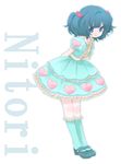  alternate_costume arms_behind_back bad_id bad_pixiv_id blue_eyes blue_hair blue_legwear character_name dress hair_bobbles hair_ornament heart ica kawashiro_nitori kneehighs lolita_fashion mary_janes shoes short_hair smile solo touhou twintails two_side_up 