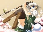  amanooni_touri bad_id bad_pixiv_id black_hairband blue_eyes cherry_blossoms ghost hairband hitodama katana konpaku_youmu konpaku_youmu_(ghost) panties petals sheath sheathed short_hair silver_hair solo sword thighhighs touhou underwear weapon 