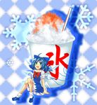  ahoge aqua_eyes bad_id bad_pixiv_id blue_dress blue_hair blush bow cirno dress drinking_straw food hair_bow minigirl open_mouth red_bow red_ribbon ribbon sayama_yoshiki shaved_ice shoes short_hair sitting snowflakes socks solo touhou wings 