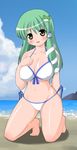  bad_id bad_pixiv_id barefoot beach bikini blush breasts curvy day frog front-tie_top green_eyes green_hair hair_ornament kneeling kochiya_sanae kyokutou_hentai_samurai large_breasts long_hair navel outdoors side-tie_bikini snake solo swimsuit touhou wide_hips 