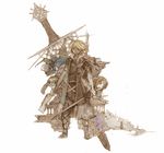  1girl architecture armor belt blocter blonde_hair building coat creature david_nassau emma_honeywell expressionless floating_hair flower full_body gun hair_over_one_eye inukawa_moi looking_away overcoat pagus silhouette standing sword the_last_remnant torgal weapon 