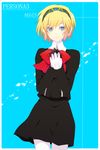  aegis_(persona) android banned_artist blonde_hair blue_eyes harano headphones highres persona persona_3 ribbon school_uniform short_hair skirt smile solo 