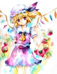  blonde_hair colorful flandre_scarlet food fragran0live fruit hat head_tilt looking_at_viewer one_side_up ponytail red_eyes short_hair smile solo strawberry touhou traditional_media watercolor_(medium) wings 