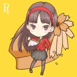  amagi_yukiko black_eyes black_hair blush cherry_blossoms chibi fan flower folding_fan hairband long_hair lowres pantyhose persona persona_4 petals sajipen school_uniform serafuku skirt smile 