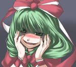  blush front_ponytail green_eyes green_hair hair_ribbon hands haruichi kagiyama_hina ribbon solo touhou 