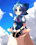  blue_eyes blue_hair blush bow cirno cloud day food hair_bow mary_janes popsicle ribbon shin_(new) shoes short_hair sitting sky solo touhou wings 