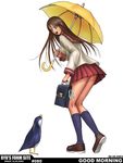  bird brown_hair full_body holding holding_briefcase holding_umbrella long_hair long_sleeves looking_down open_mouth original pleated_skirt red_skirt ryu_(ryu's_former_site) school_briefcase school_uniform simple_background skirt solo standing umbrella white_background 