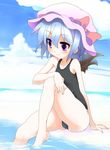  barefoot cloud hands hat one-piece_swimsuit remilia_scarlet sitting soaking_feet solo sora_to_umi swimsuit touhou water 