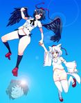  animal_ears black_hair black_wings clog_sandals detached_sleeves geta greave_(asterism) hat inubashiri_momiji multiple_girls no_pants panties red_eyes shameimaru_aya short_hair striped striped_panties tail tengu-geta thighhighs tokin_hat touhou underwear white_hair wings wolf_ears wolf_tail yukkuri_shiteitte_ne 