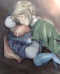  1girl blonde_hair blue_skin blush cuddling earrings hug imp jewelry link long_hair microspace midna no_hat no_headwear no_helmet orange_hair pointy_ears red_eyes sleeping the_legend_of_zelda the_legend_of_zelda:_twilight_princess 