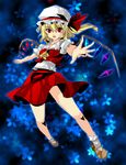  blonde_hair bobby_socks cherry_blossoms flandre_scarlet floral_background forest fragran0live hat mary_janes nature one_side_up outstretched_arms ponytail red_eyes shoes short_hair socks solo touhou wings 