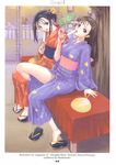  bench black_hair blue_eyes brown_eyes brown_hair clog_sandals fan festival food highres japanese_clothes kimono legs long_hair long_legs multiple_girls okobo original paper_fan popsicle scan shoes short_hair single_shoe sitting tanaka_takayuki uchiwa 