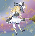  apron blonde_hair bloomers bobby_socks bow broom buttons hair_bow hat hat_removed headwear_removed kirisame_marisa long_hair meet open_mouth short_hair smile socks solo star starry_background touhou underwear waist_apron witch_hat yellow_eyes 