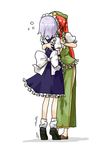  blush braid hong_meiling izayoi_sakuya kiss long_hair maid md5_mismatch multiple_girls red_hair ribbon seki_(red_shine) short_hair silver_hair tiptoe_kiss tiptoes touhou trembling twin_braids white_background yuri 