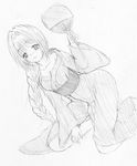  blush braid breasts cleavage fan greyscale hair_intakes japanese_clothes kanon kimono long_hair mature medium_breasts minase_akiko monochrome sketch solo yo-jin 