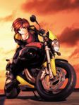  breasts brown_hair cleavage copyright_request ground_vehicle kantori large_breasts motor_vehicle motorcycle short_hair solo 