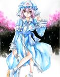  clog_sandals fragran0live hat pink_eyes pink_hair saigyouji_yuyuko short_hair solo touhou traditional_media watercolor_(medium) 