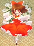  bow brown_hair detached_sleeves flower girotin_ginza hair_bow hakurei_reimu ofuda red_eyes short_hair solo touhou 