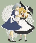  blonde_hair hat highres izayoi_sakuya kirisame_marisa maid miyuu_(crazy_lollipop) multiple_girls ribbon short_hair touhou 