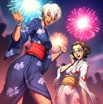  aerial_fireworks bracelet brown_hair dark_skin earrings elena_(street_fighter) fireworks genzoman glasses hair_ornament hairclip japanese_clothes jewelry kimono multiple_girls narumi_(street_fighter) night obi round_eyewear sash short_hair street_fighter street_fighter_iii_(series) white_hair 