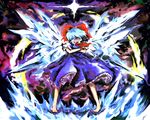  ast barefoot blue_hair bow cirno crossed_arms dress feet grin hair_bow hair_over_one_eye looking_at_viewer red_eyes ribbon short_hair smile solo touhou wings 