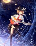  boots brown_hair dutch_angle guitar hat highres instrument kieta microphone microphone_stand necktie sitting solo touhou usami_renko 