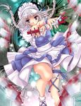  blue_eyes braid izayoi_sakuya knife shisaki_tayu short_hair silver_hair solo touhou twin_braids 