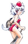  animal_ears competition_swimsuit hat inubashiri_momiji one-piece_swimsuit red_eyes shield solo sukiyo swimsuit sword tail tokin_hat touhou weapon white_hair wolf_ears wolf_tail 