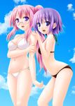  :d bikini black_bikini cloud day glasses hands_on_another's_shoulders hiiragi_tsukasa kisaragi_miyu long_hair lucky_star multiple_girls navel o-ring o-ring_bikini o-ring_bottom o-ring_top open_mouth pink_hair purple_eyes purple_hair semi-rimless_eyewear shiny shiny_skin short_hair sky smile swimsuit takara_miyuki under-rim_eyewear white_bikini 