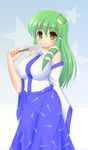  bad_id bad_pixiv_id blush breasts curvy detached_sleeves dress frog green_eyes green_hair hair_ornament kochiya_sanae kyokutou_hentai_samurai large_breasts long_hair smile snake solo touhou 