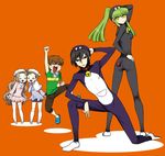  3boys ass bad_id bad_pixiv_id bell bell_collar bodysuit c.c. catsuit child code_geass collar cosplay doraemon hand_on_hip hato_niku head_wings jingle_bell jumping kururugi_suzaku lelouch_lamperouge multiple_boys multiple_girls nunnally_lamperouge parody ponytail pose rolo_lamperouge scowl simple_background skin_tight tail younger 