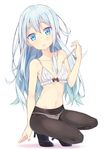  bare_shoulders black_legwear blue_eyes bow bow_panties bra collarbone full_body hibiki_(kantai_collection) high_heels highres kantai_collection long_hair looking_at_viewer navel no_hat no_headwear panties panties_under_pantyhose pantyhose parted_lips pulled_by_self silver_hair simple_background solo squatting strap_pull tunamayochan underwear underwear_only very_long_hair white_background white_bra white_panties 