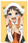  apron bandana bare_shoulders blue_eyes brown_hair commentary_request detached_sleeves headgear hiei_(kantai_collection) kantai_collection leaning_forward looking_at_viewer nontraditional_miko ochazuke open_mouth short_hair shouting skirt solo tears yellow_background 