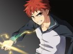  anime_coloring brown_eyes emiya_shirou fate/stay_night fate_(series) glowing glowing_weapon jacket male_focus red_hair solo track_jacket tukno weapon 